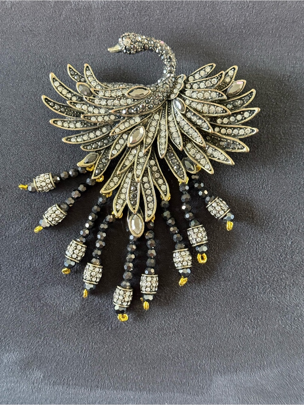 Crystal Swan Brooch with Black Bead Tassels - Heidi Daus